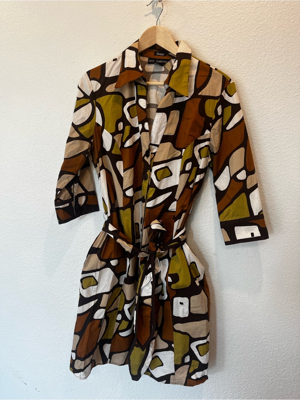 Mlle Gabrielle Abstract Print Mini Dress in Olive, Brown & Cream